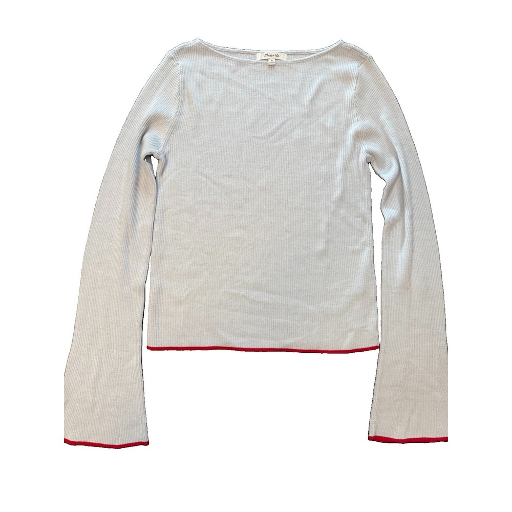 Madewell Elory Merino Silk Femme Sweater Medium Blue Red Trim Boatneck Flare